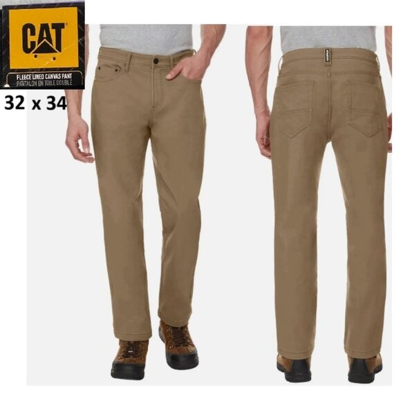 CAT Caterpillar Men's Brown Fleece-Lined Canvas Work Pants Size 32 x 34 - Picture 1 of 12